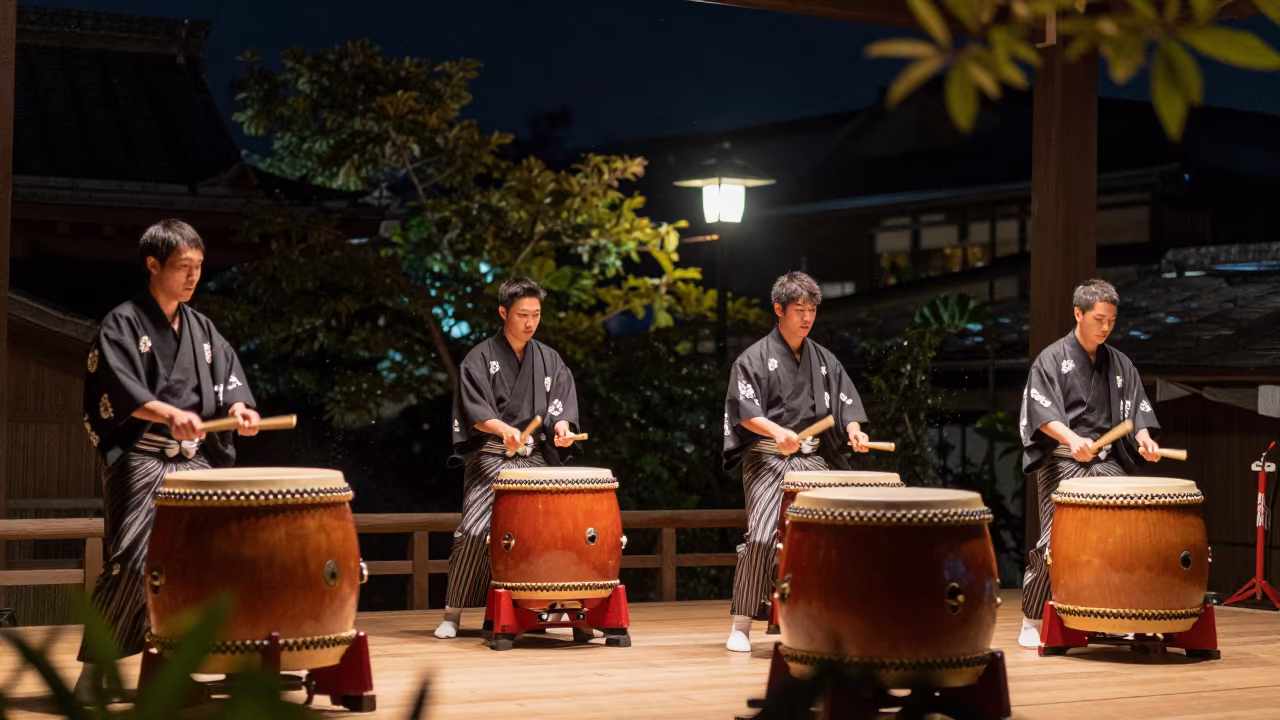 Midnight Taiko Drummers Strike Arashiyama Festival Stage in on a festival main stage in Arashiyama, Kyoto