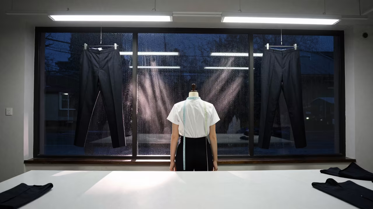 Midnight Tailor Basting Trousers in Fluorescent Light in under runway rehearsal lights near Cincinnati