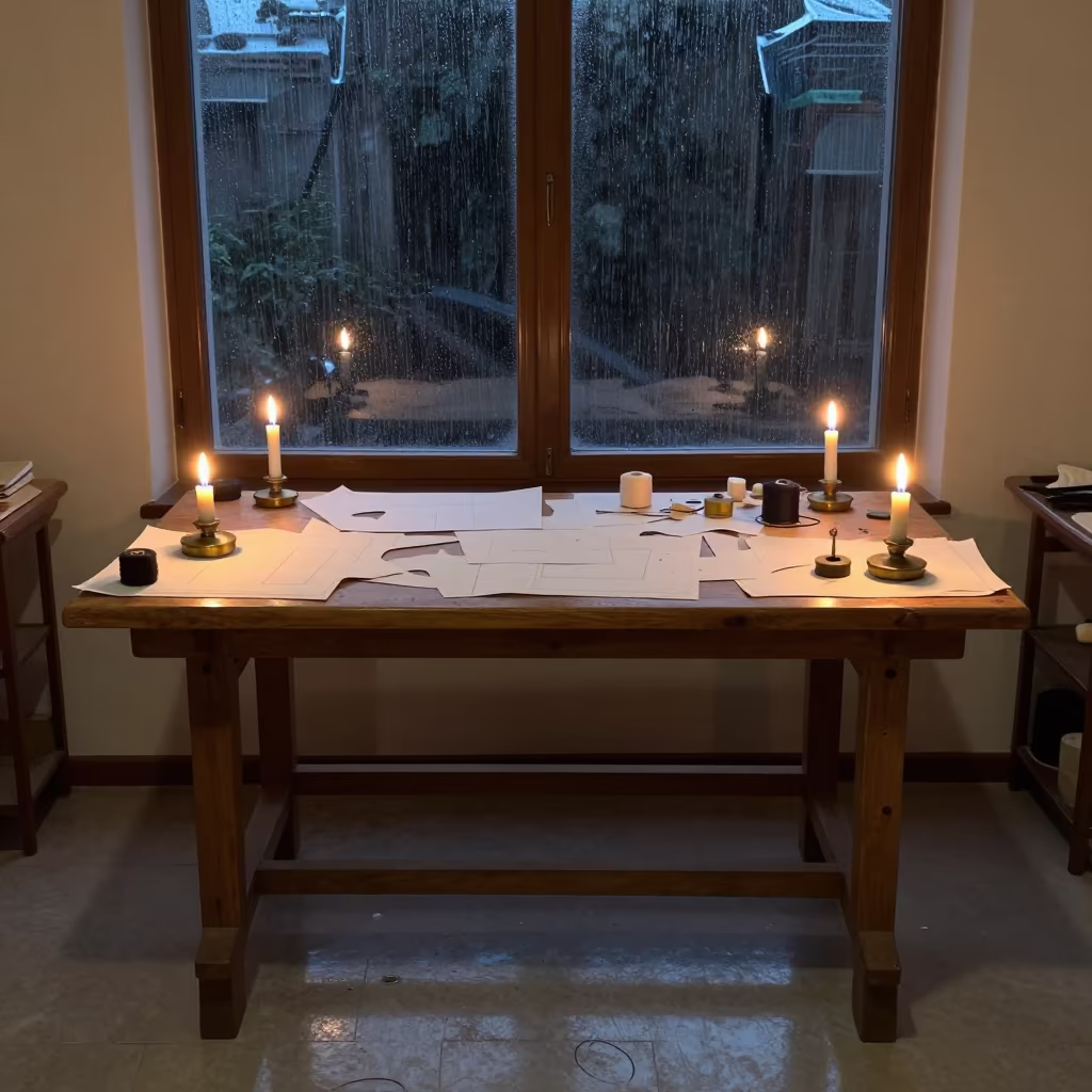 Midnight Tailor Bench in Tabriz Atelier Window in inside a couture atelier in Tabriz