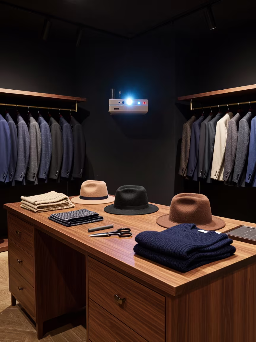 Midnight Tailoring with Felt Hats and Knits in at a tailoring table strewn with chalk and shears near Brantford