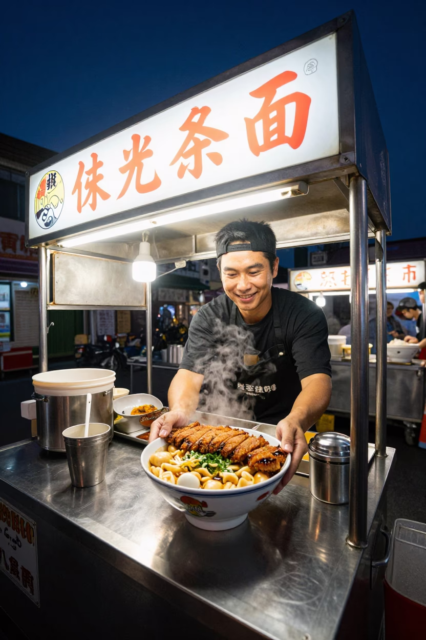 Midnight Tainan Street Food Vendor Serving Katsudon Under Neon Lights in in Tainan, Taiwan
