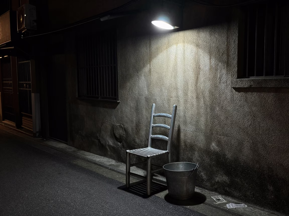 Midnight Tainan Street Scene with Ladder-Back Chair and Metal Bucket in in Tainan, Taiwan