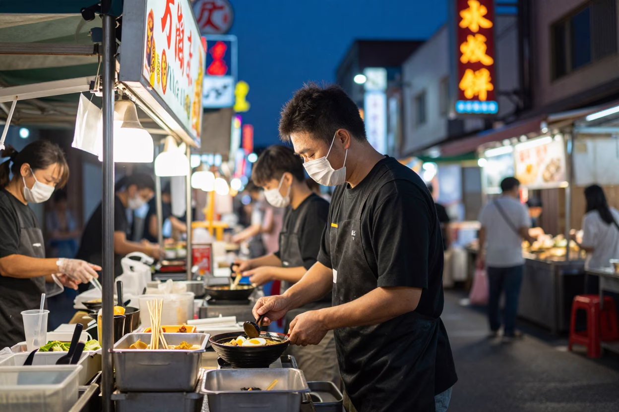 Midnight Tainan Street Scene with Neon Lights and Local Food Stall in in Tainan, Taiwan