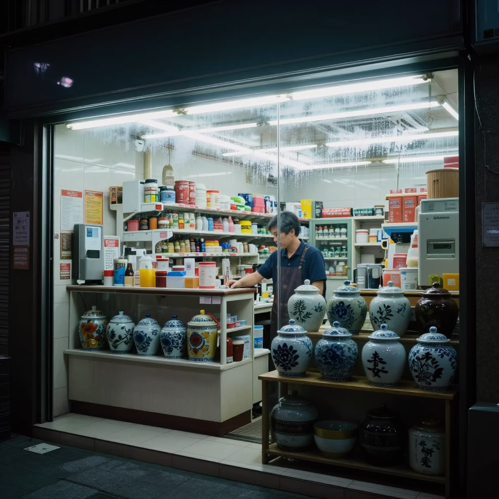 Midnight Taipei Convenience Store Interior with Condensation on Tile and Porcelain Jars in in Taipei, Taiwan