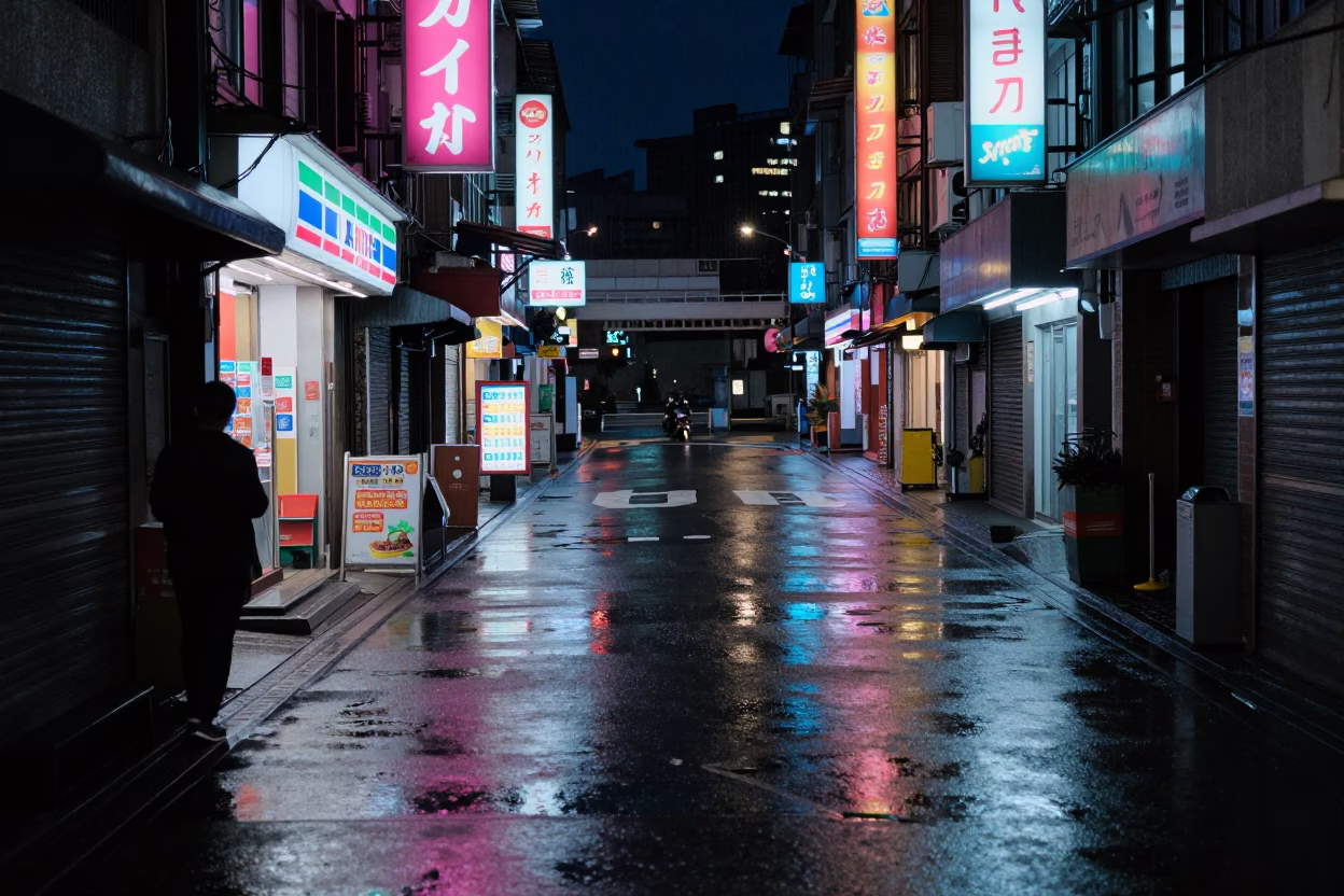 Midnight Taipei Street Corner with Wet Asphalt and Neon Reflections in in Taipei, Taiwan