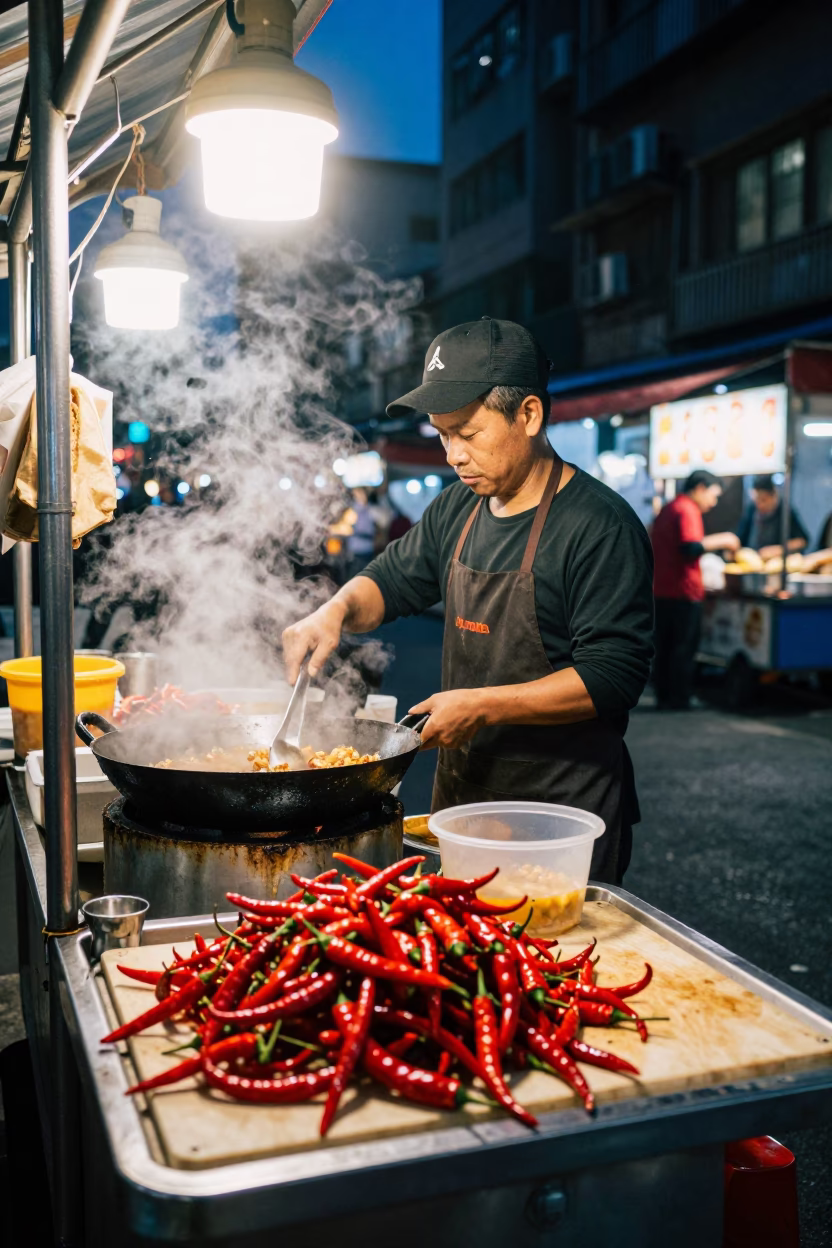 Midnight Taipei Street Food Stall Chili Peppers and Neon Lights in in Taipei, Taiwan
