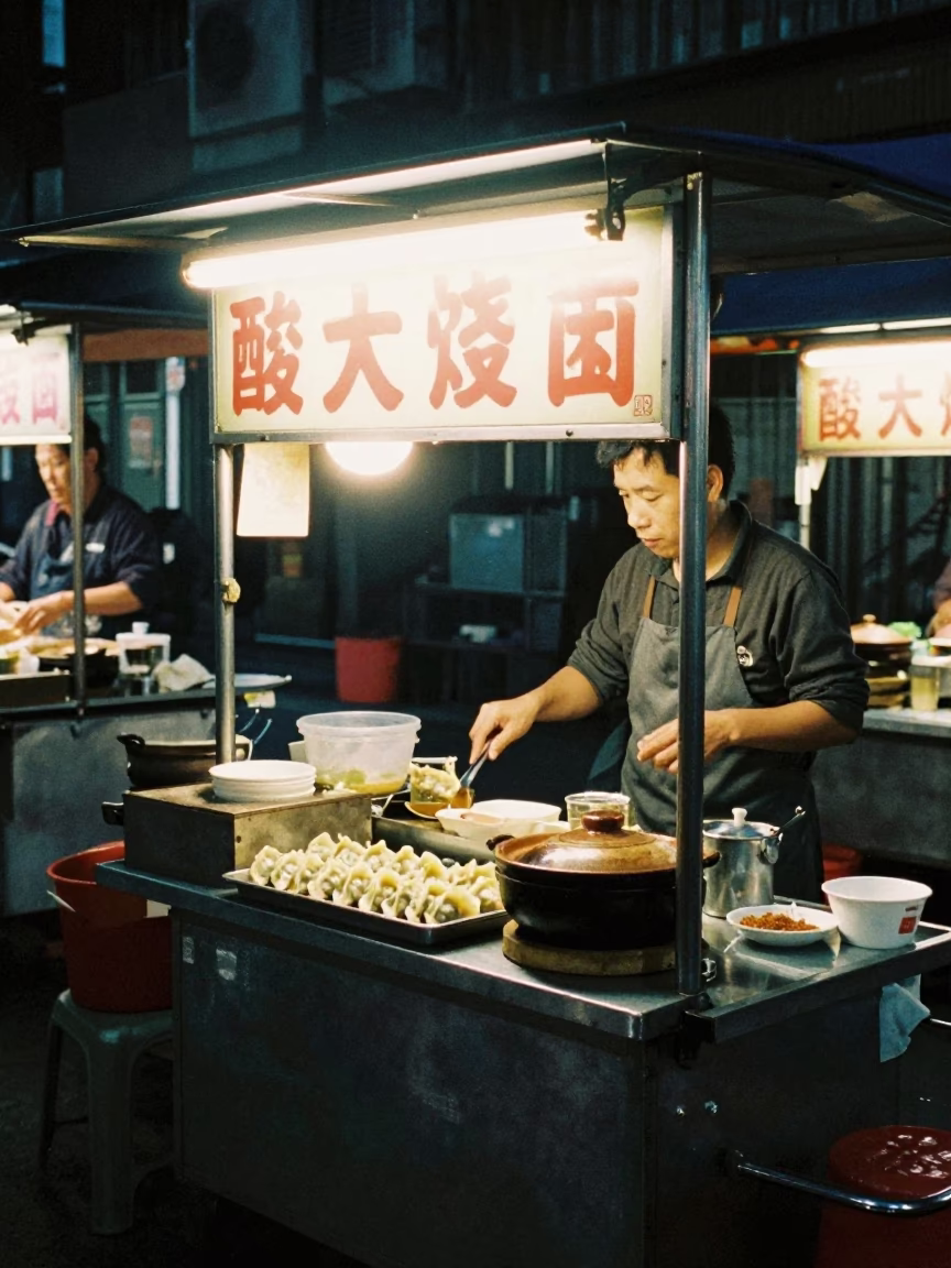 Midnight Taipei Street Food Stall with Gyoza and Claypot Rice in in Taipei, Taiwan