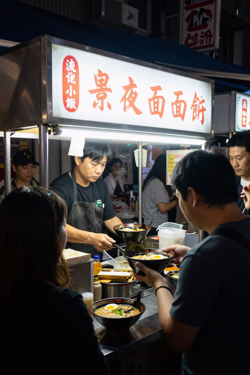 Midnight Taipei Street Food Stall with Ramen and Neon Signs in in Taipei, Taiwan