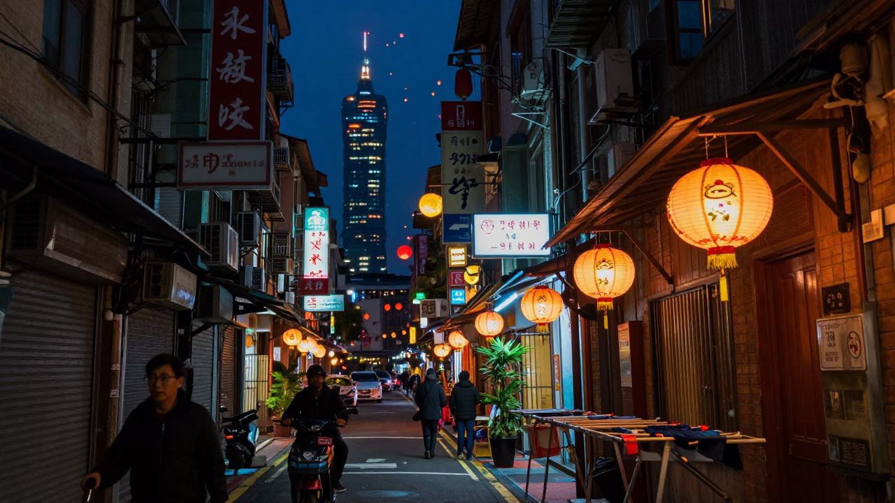 Midnight Taipei Street Scene with Drying Rack and Lantern Festival Glow in in Taipei, Taiwan