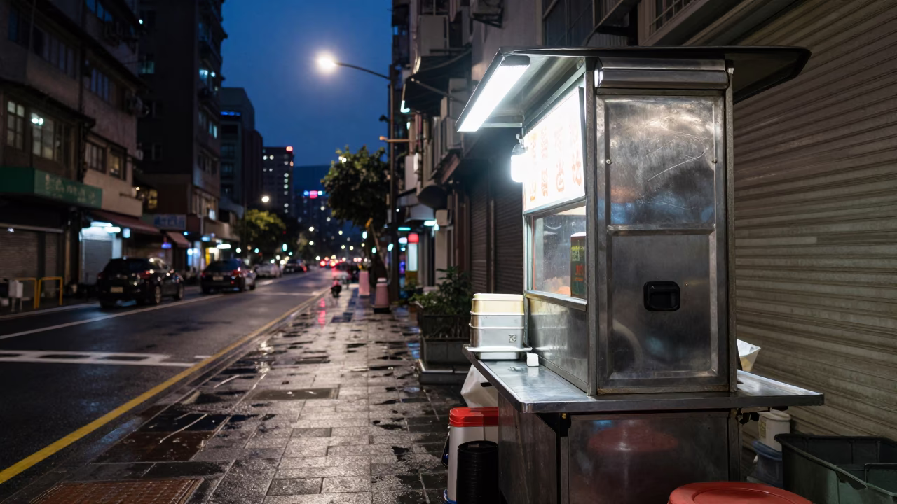 Midnight Taipei Street Scene with Tiffin Tin and Urban Neon Reflections in in Taipei, Taiwan