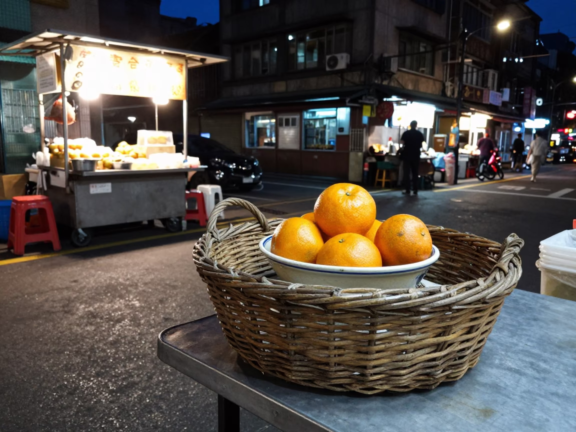 Midnight Taipei Street Scene with Wicker Basket and Fruit Bowl Outside Late Night Eatery in in Taipei, Taiwan
