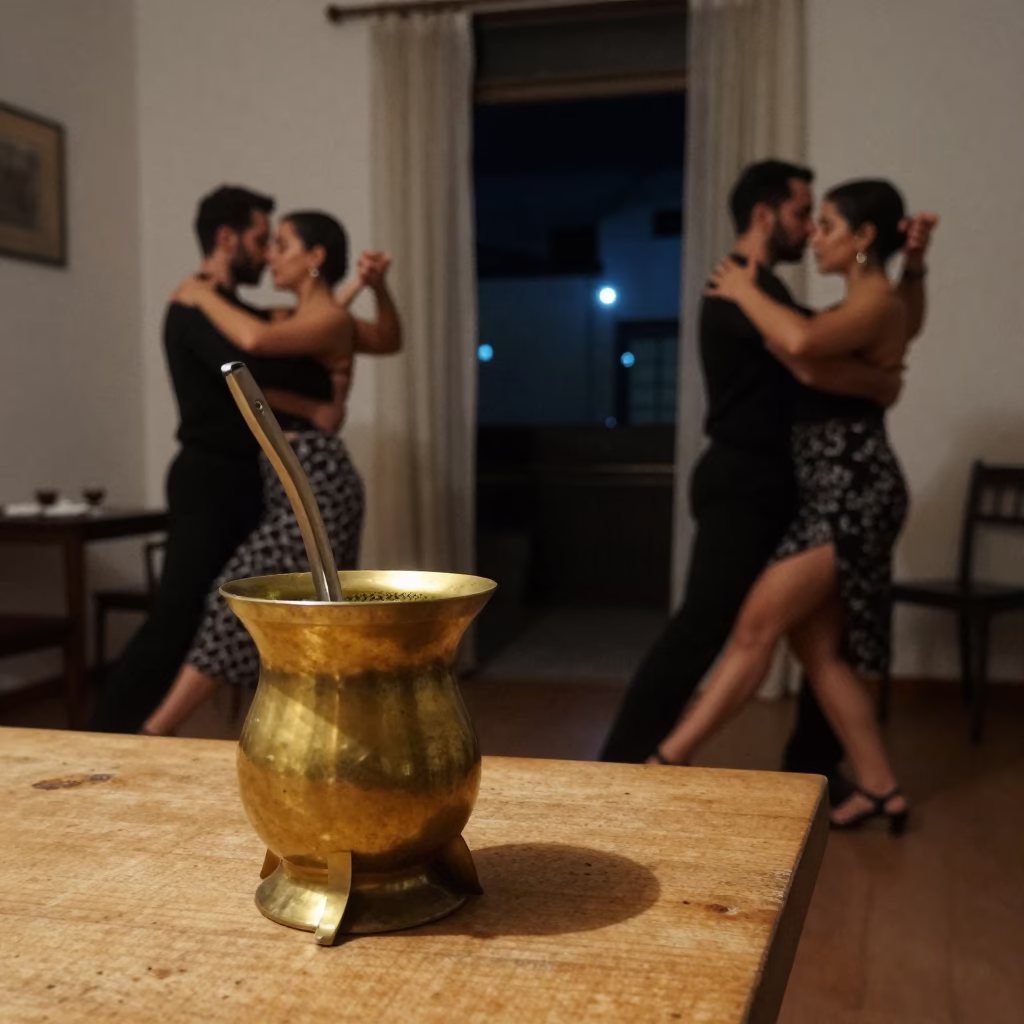 Midnight Tango Practice in Buenos Aires Apartment with Brass Cup and Moonlight in in Buenos Aires, Argentina