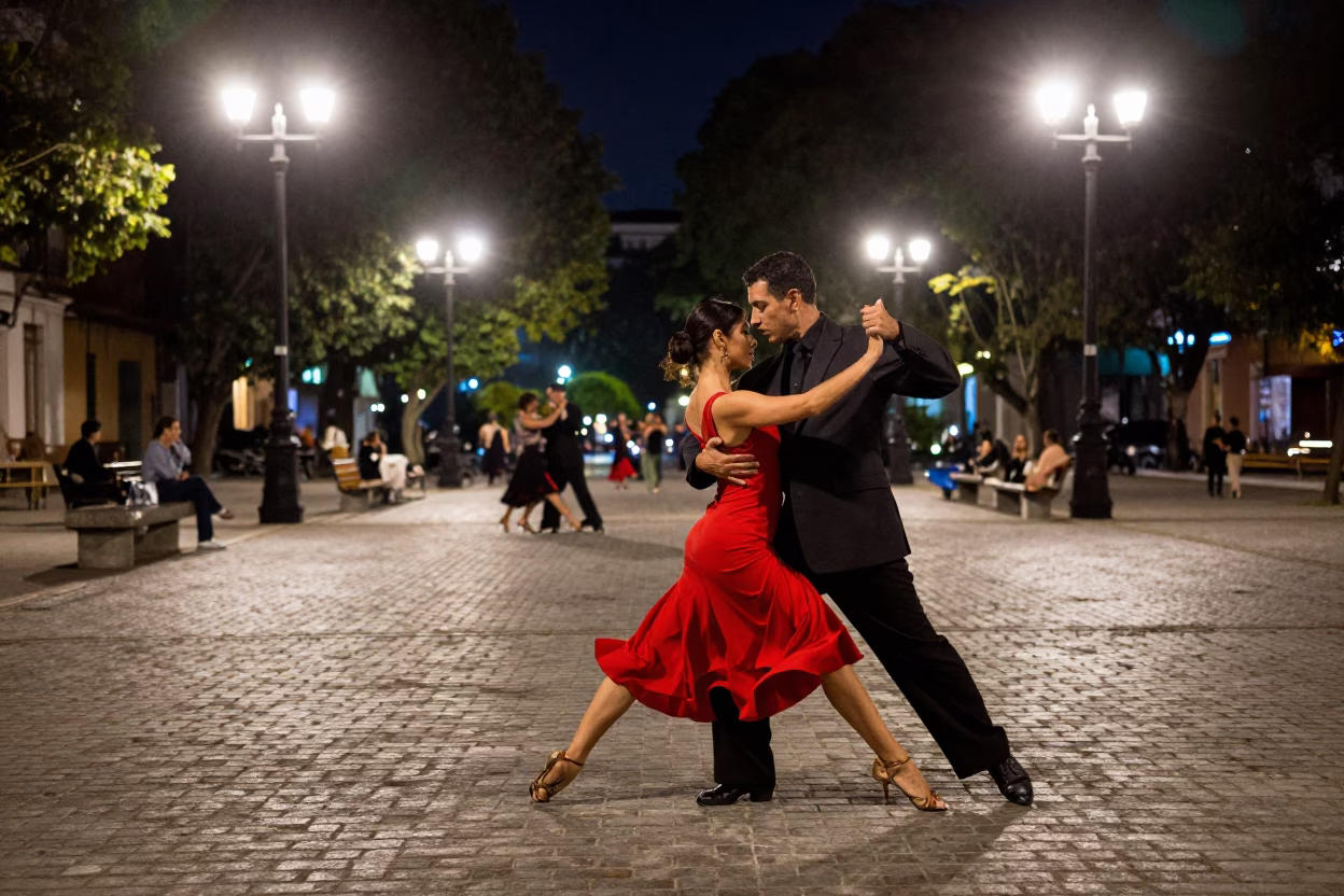 Midnight Tango Practice in Buenos Aires Historic Plaza with Streetlights and Cobblestones in in Buenos Aires, Argentina