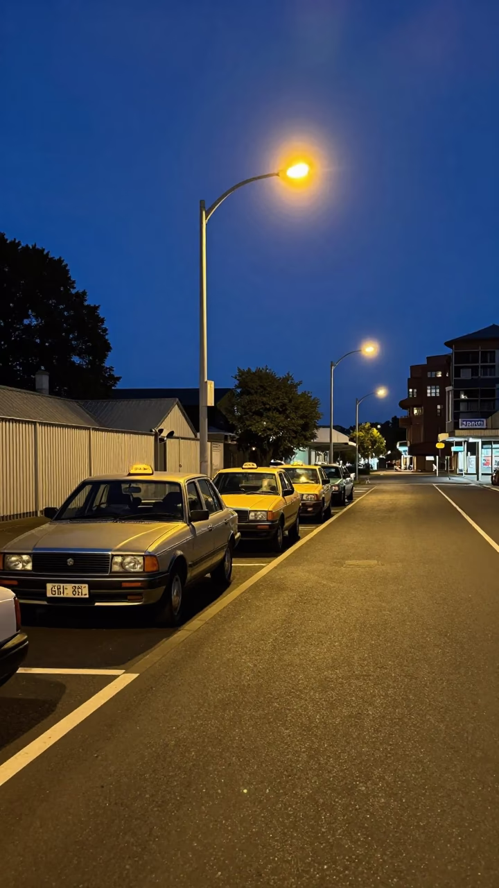 Midnight Taxi Rank Outside Christchurch Railway Station New Zealand 1980s Realistic Street Photography in in Christchurch, New Zealand
