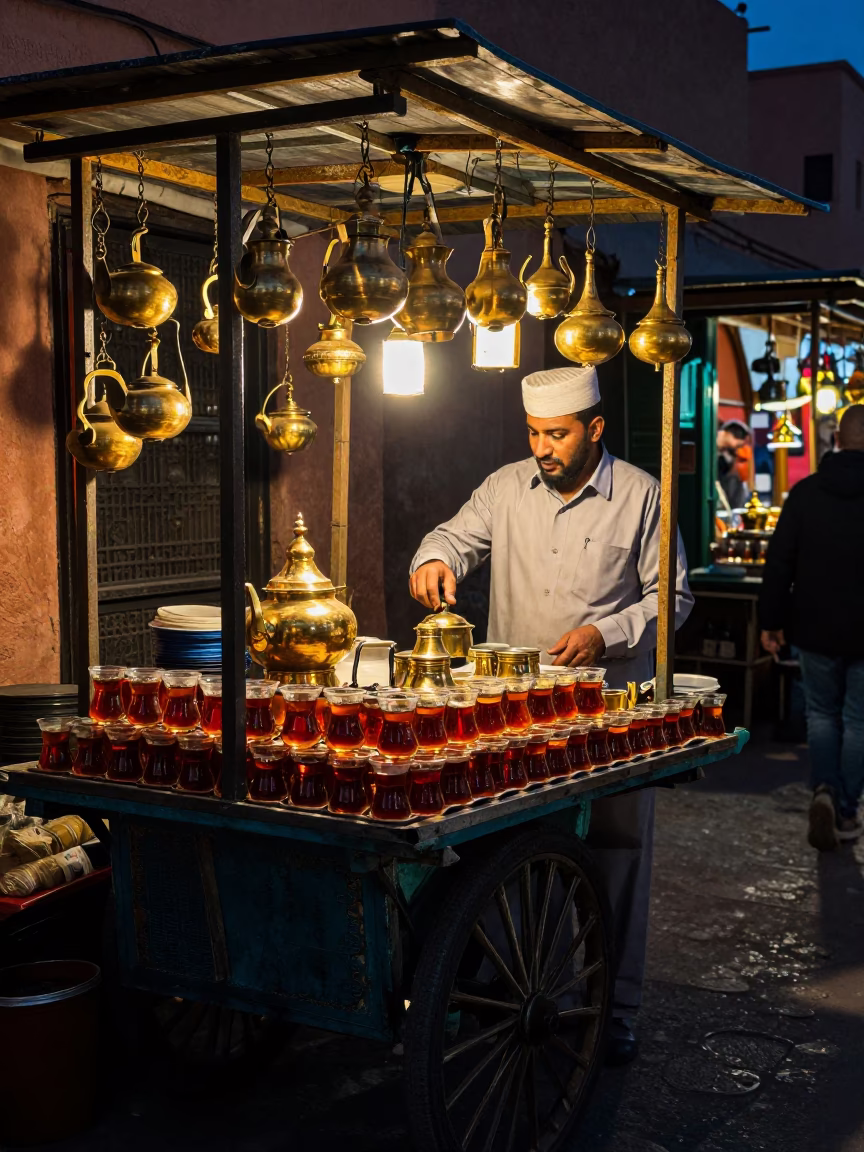 Midnight Tea Stall in Marrakech Medina With Brass Pots and Stained Cups in in Marrakech, Morocco