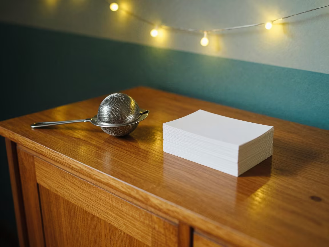 Midnight Tea Strainer on Wooden Sideboard in on a wooden workbench in Sibiu