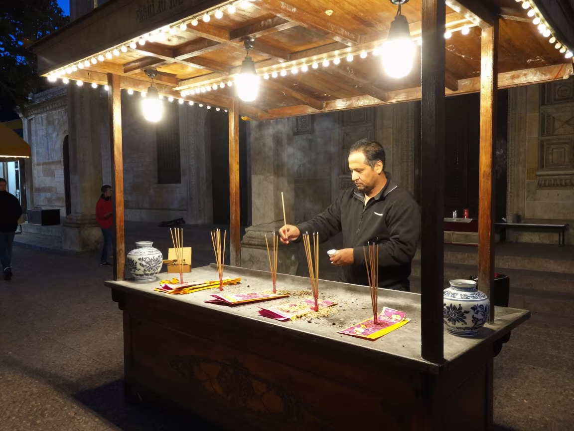 Midnight Temple Vendor Incense Paper Offerings Avignon in in a ceremonial hall in Avignon