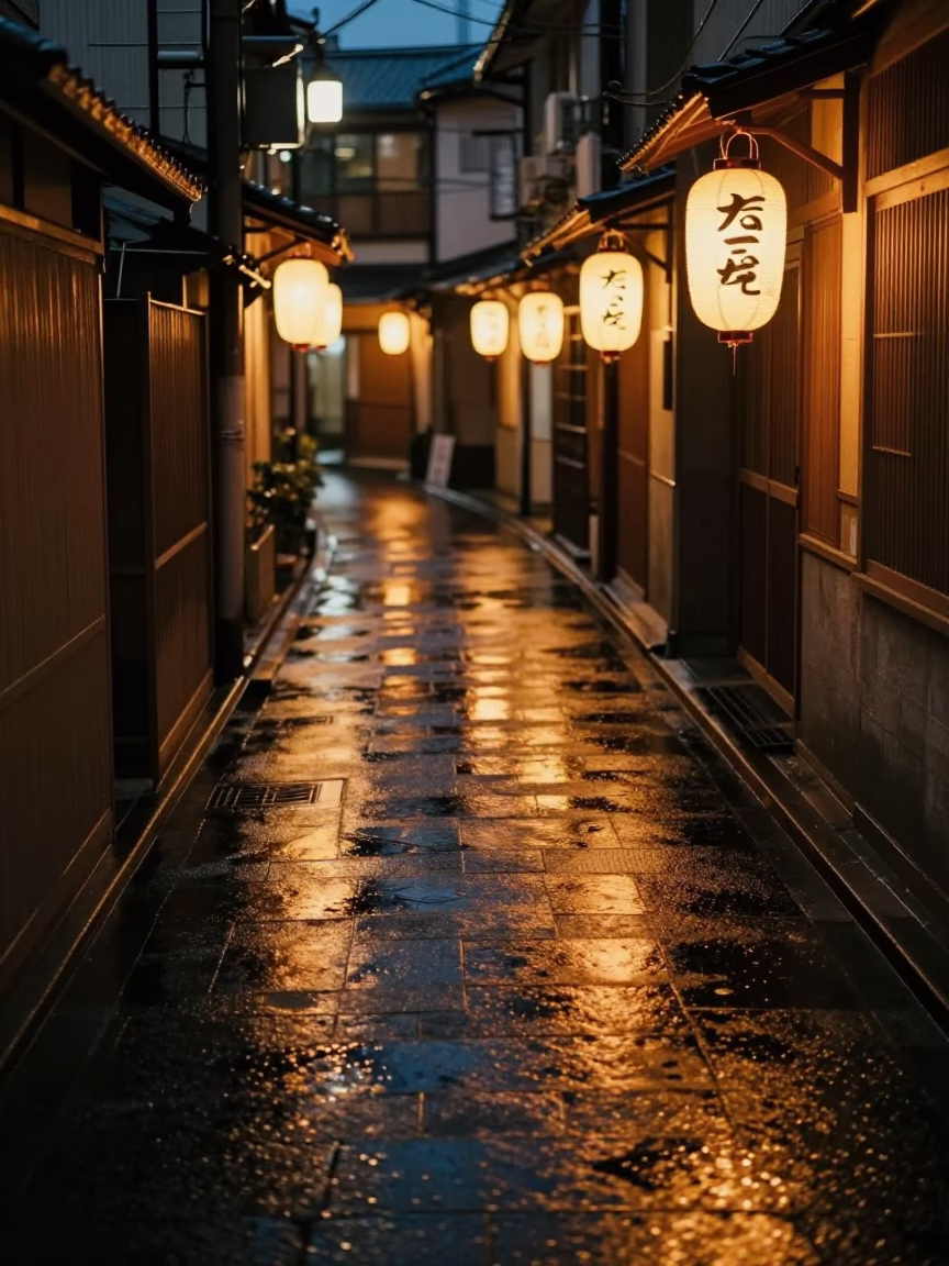 Midnight Tokyo Alleyway Lantern Light Reflecting on Wet Pavement and Shelf Bracket in in Tokyo, Japan