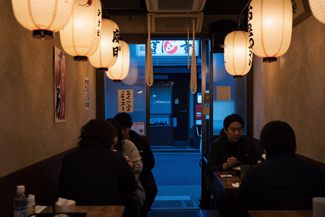 Midnight Tokyo Alleyway Noodle Shop Interior with Hanging Pearls and Vintage Decor in in Tokyo, Japan