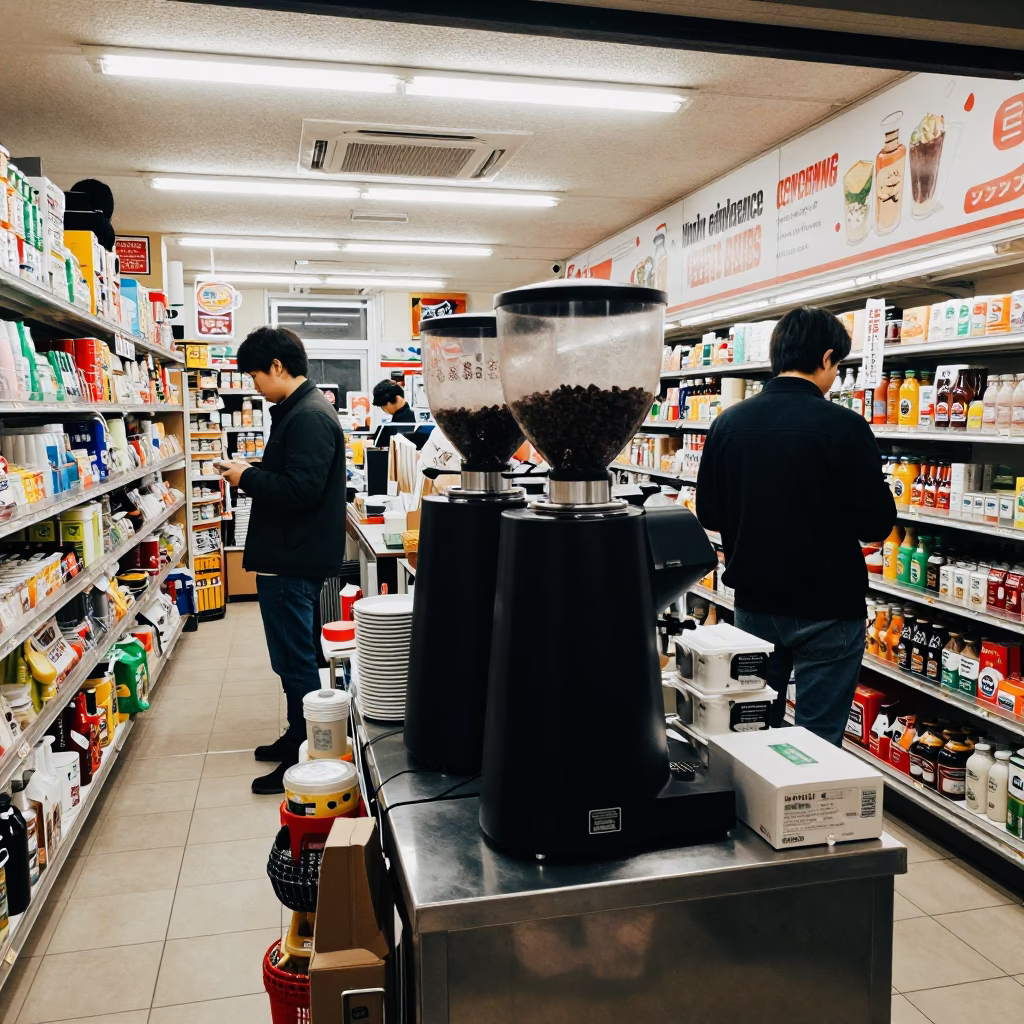 Midnight Tokyo Convenience Store Interior with Coffee Grinder and Stacked Plates in in Tokyo, Japan