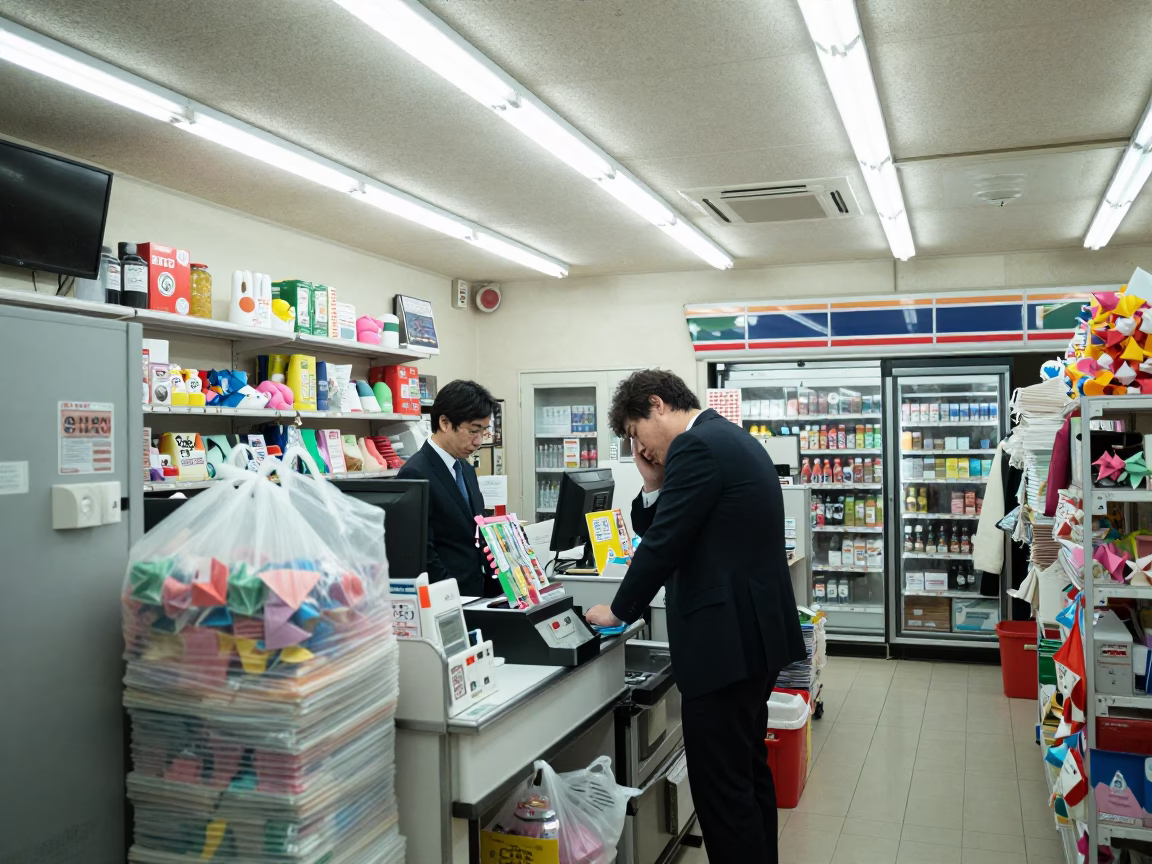 Midnight Tokyo Convenience Store Interior with Customer and Origami Crane on Counter in in Tokyo, Japan