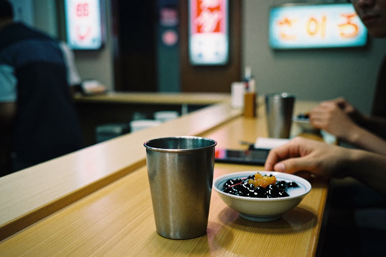 Midnight Tokyo Diner Counter with Brushed Steel Cup and Bubur Ketan Hitam in in Tokyo, Japan