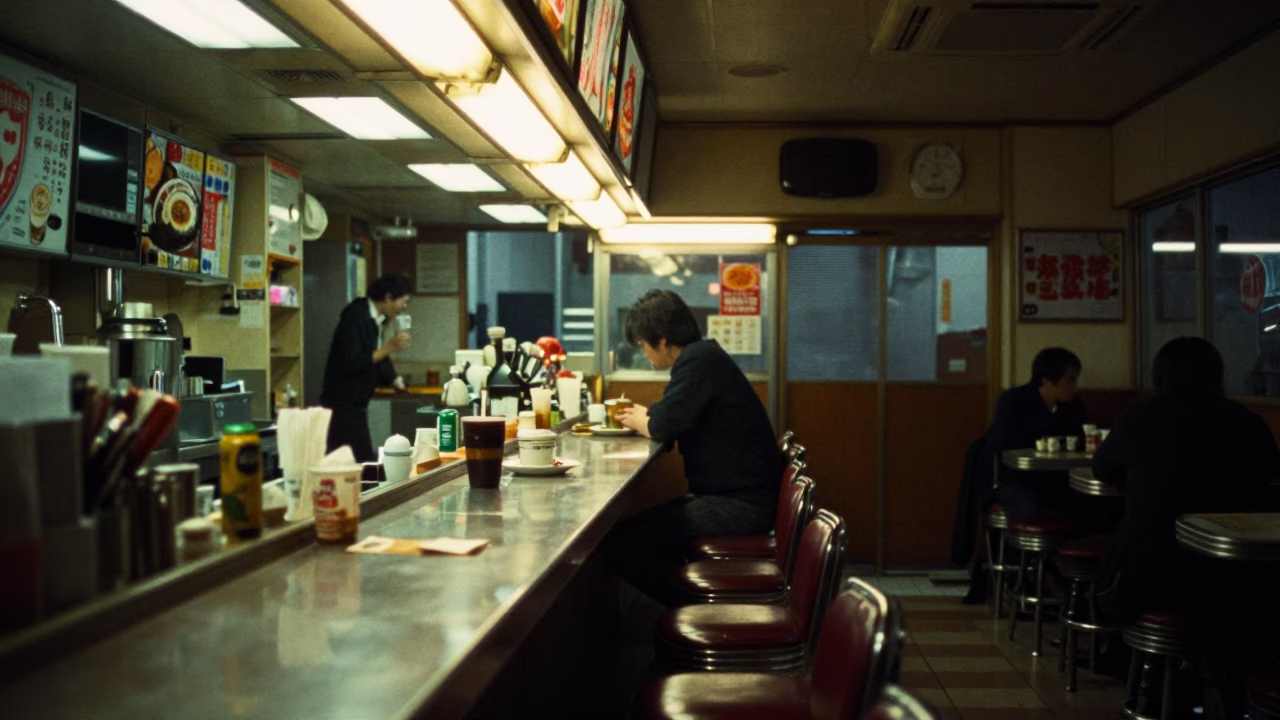 Midnight Tokyo Diner Interior with Bar Stools and Coffee Cup at Night in in Tokyo, Japan