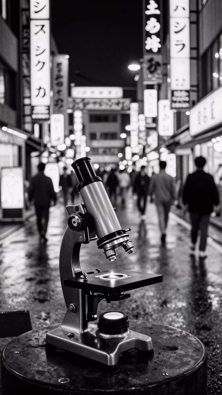 Midnight Tokyo Street Scene with Antique Microscope and Demolition Dumpster in 1960s Japan in in Tokyo, Japan