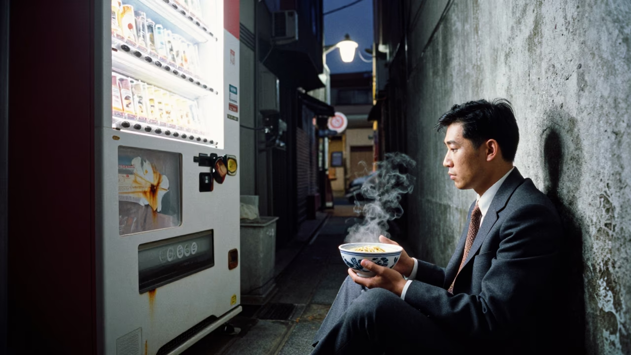 Midnight Tokyo Street Scene with Ceramic Bowl and Rusty Sill Detail in in Tokyo, Japan