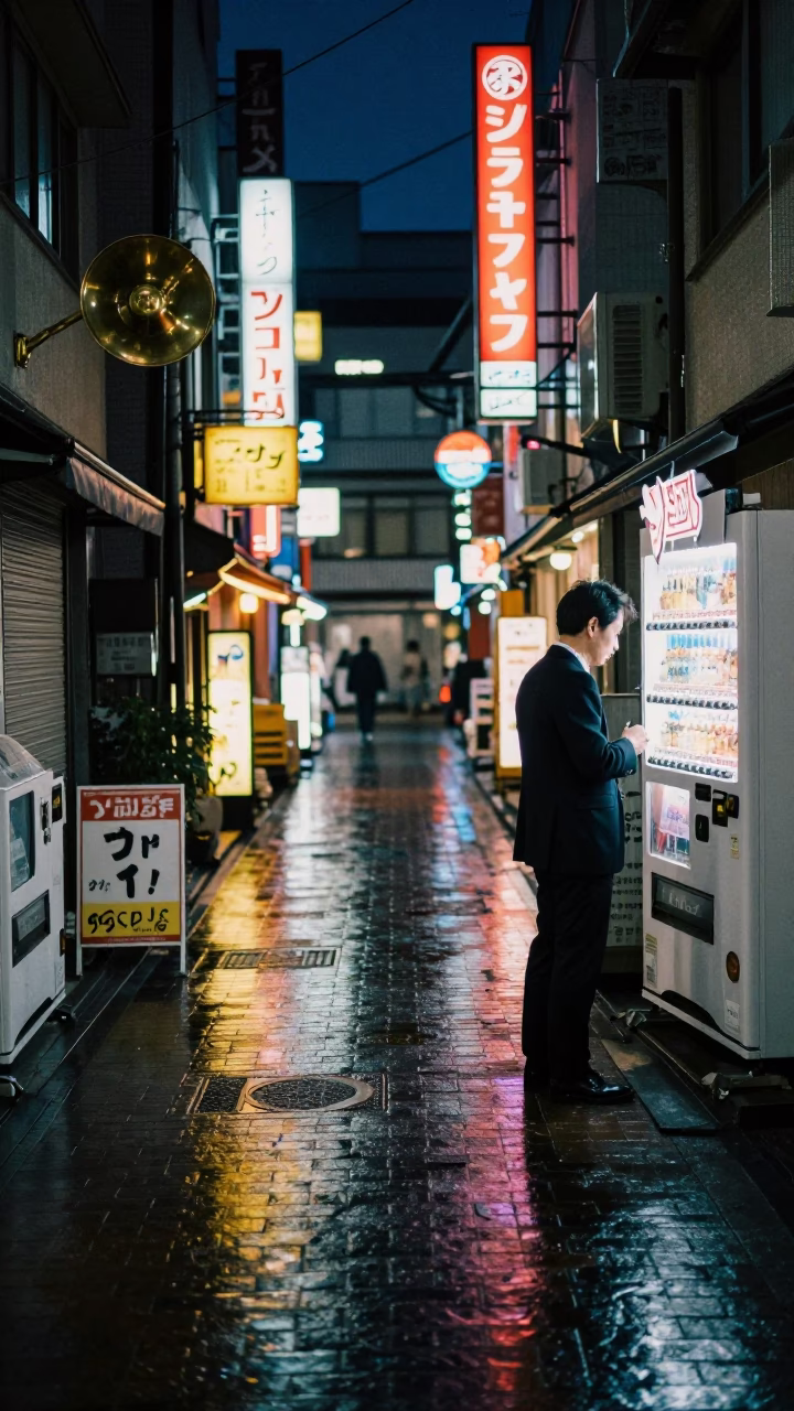 Midnight Tokyo Street Scene with Neon Reflections and Brass Bell in in Tokyo, Japan