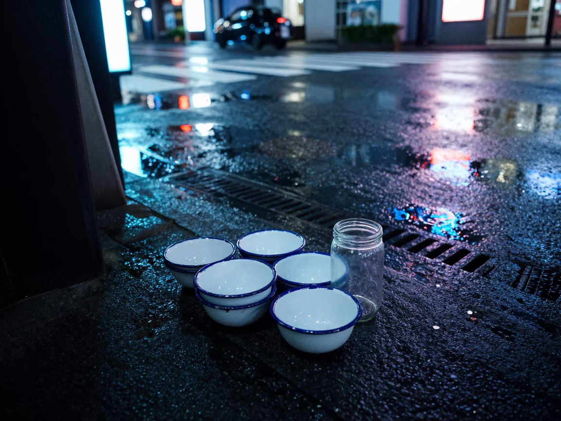 Midnight Tokyo Street Scene with Neon Reflections and Ceramic Bowls in in Tokyo, Japan