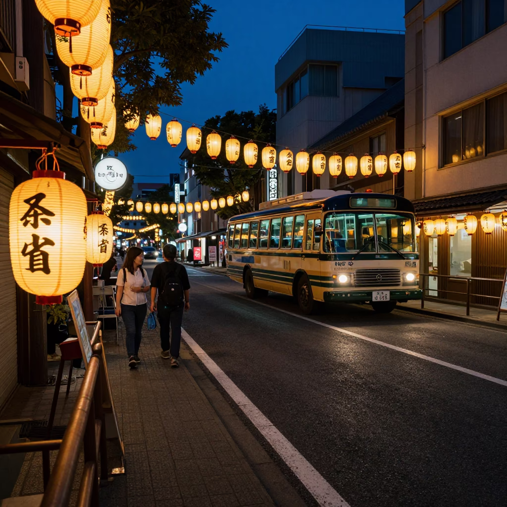 Midnight Tokyo Street Scene with Obon Lanterns and Vintage Bedford Bus in in Tokyo, Japan