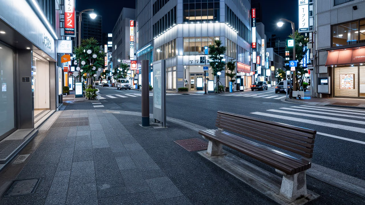 Midnight Tokyo Street Scene with Park Bench and Doormat in Urban Japan in in Tokyo, Japan