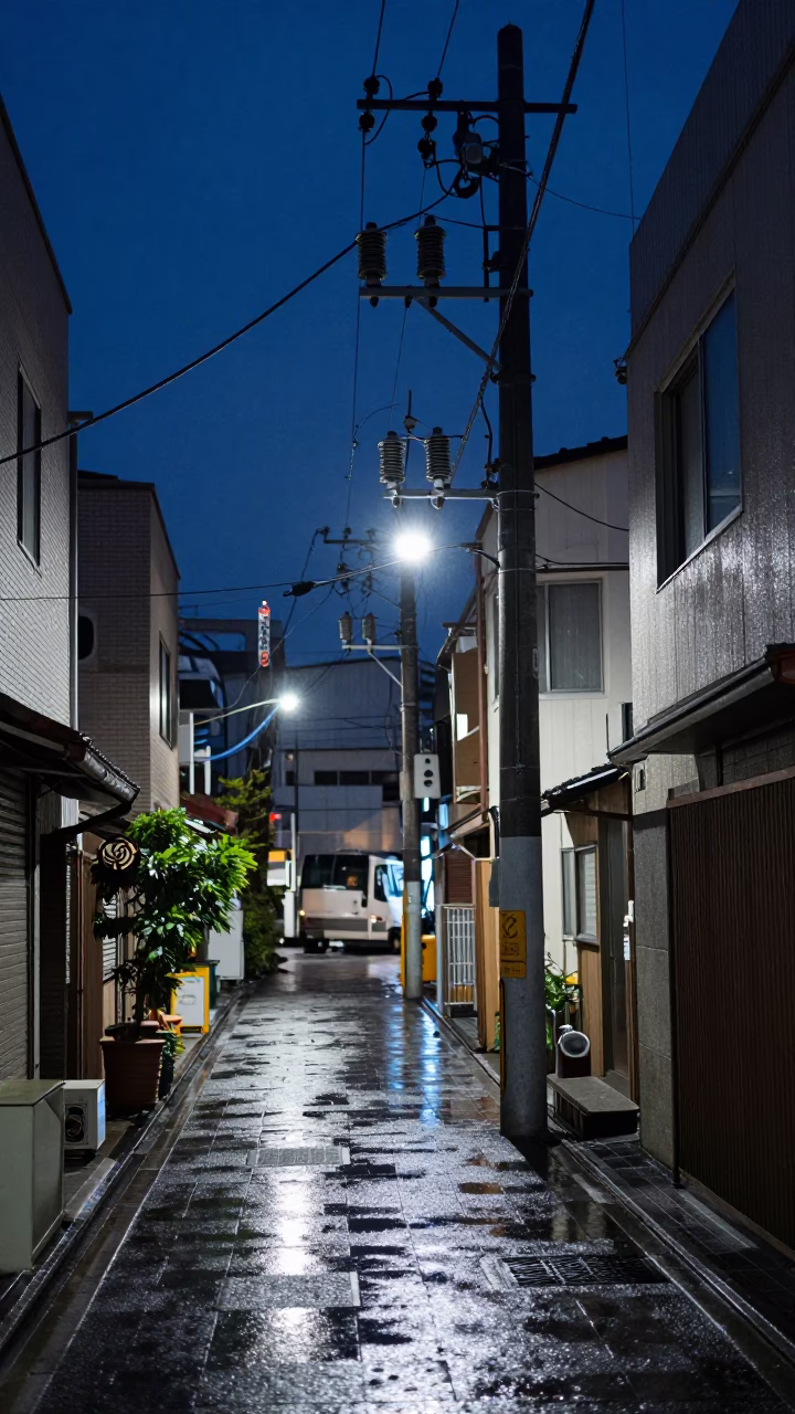 Midnight Tokyo Street Scene with Substation Insulators and Urban Details in in Tokyo, Japan
