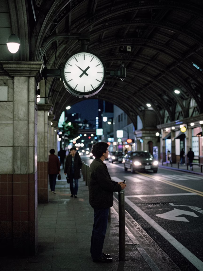 Midnight Tokyo Street Scene with Train Station Clock and Ceramic Cup in in Tokyo, Japan
