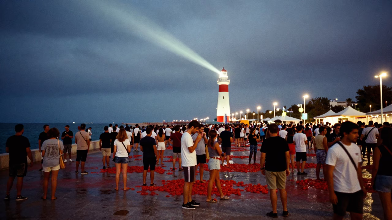 Midnight Tomato Festival Crowd Valencia in at a waterfront celebration in Valencia
