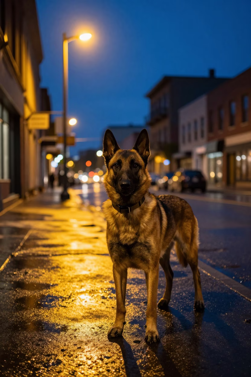 Midnight Toronto Street Scene with Belgian Malinois and Colored Glass Bottle on Wet Pavement in in Toronto, Ontario, Canada