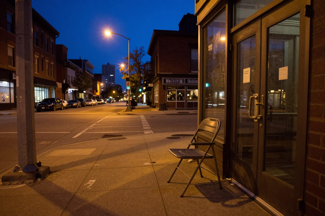 Midnight Toronto Street Scene with Folding Chair and Glass Tumbler Outside Historic Building in in Toronto, Ontario, Canada