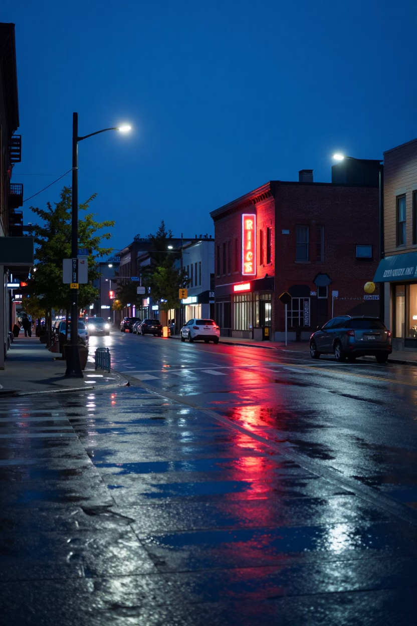Midnight Toronto Street Scene with Neon Reflections and Urban Architecture in in Toronto, Ontario, Canada