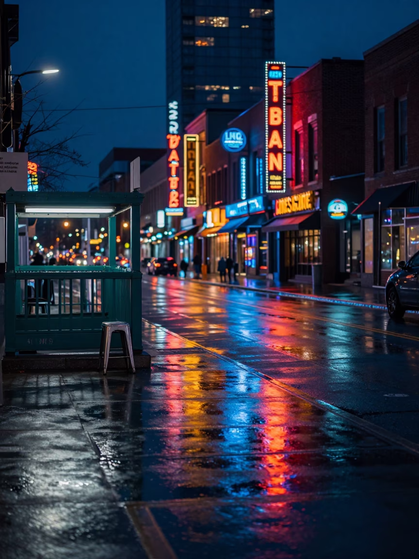 Midnight Toronto Street Scene with Neon Reflections and Urban Details in in Toronto, Ontario, Canada