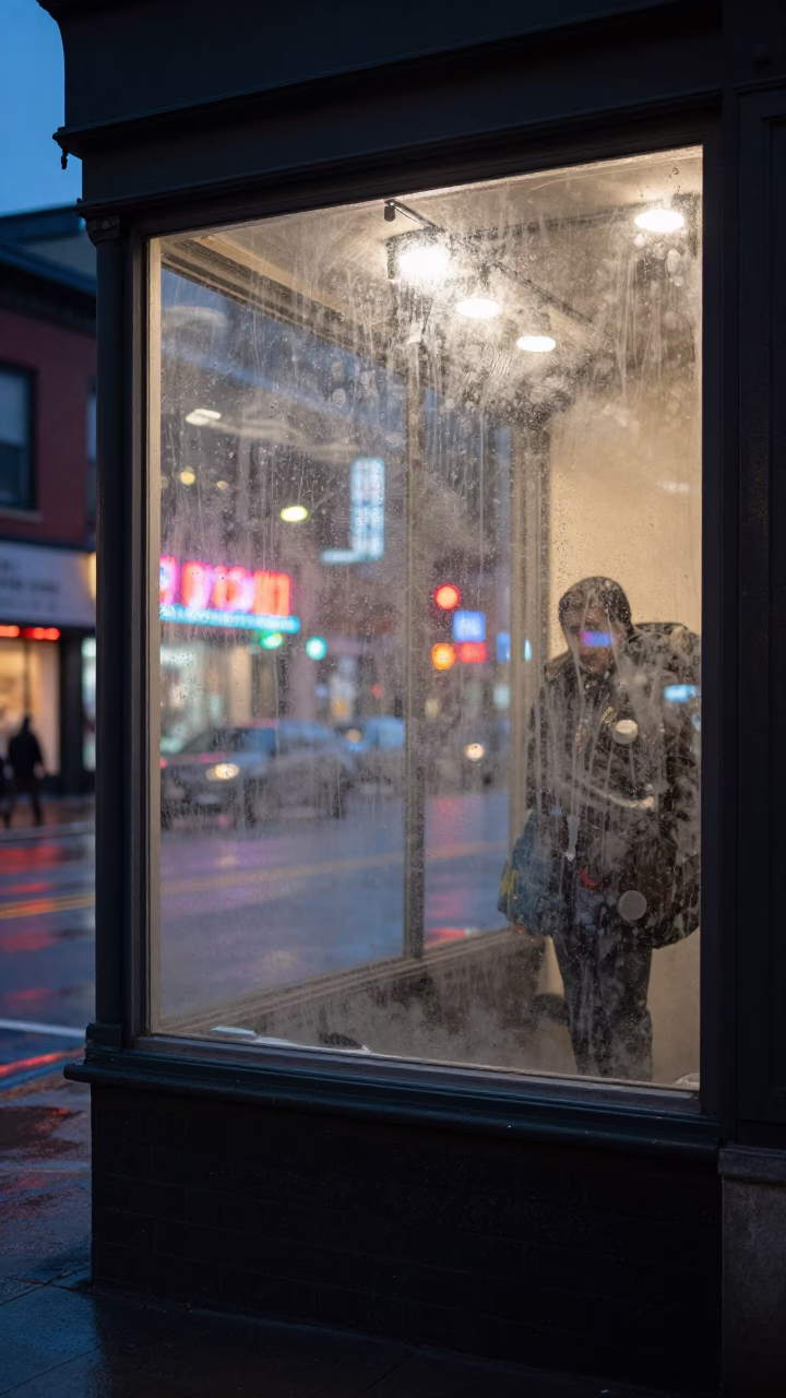 Midnight Toronto Street Scene with Smudged Window Glass and Urban Neon Reflections in in Toronto, Ontario, Canada