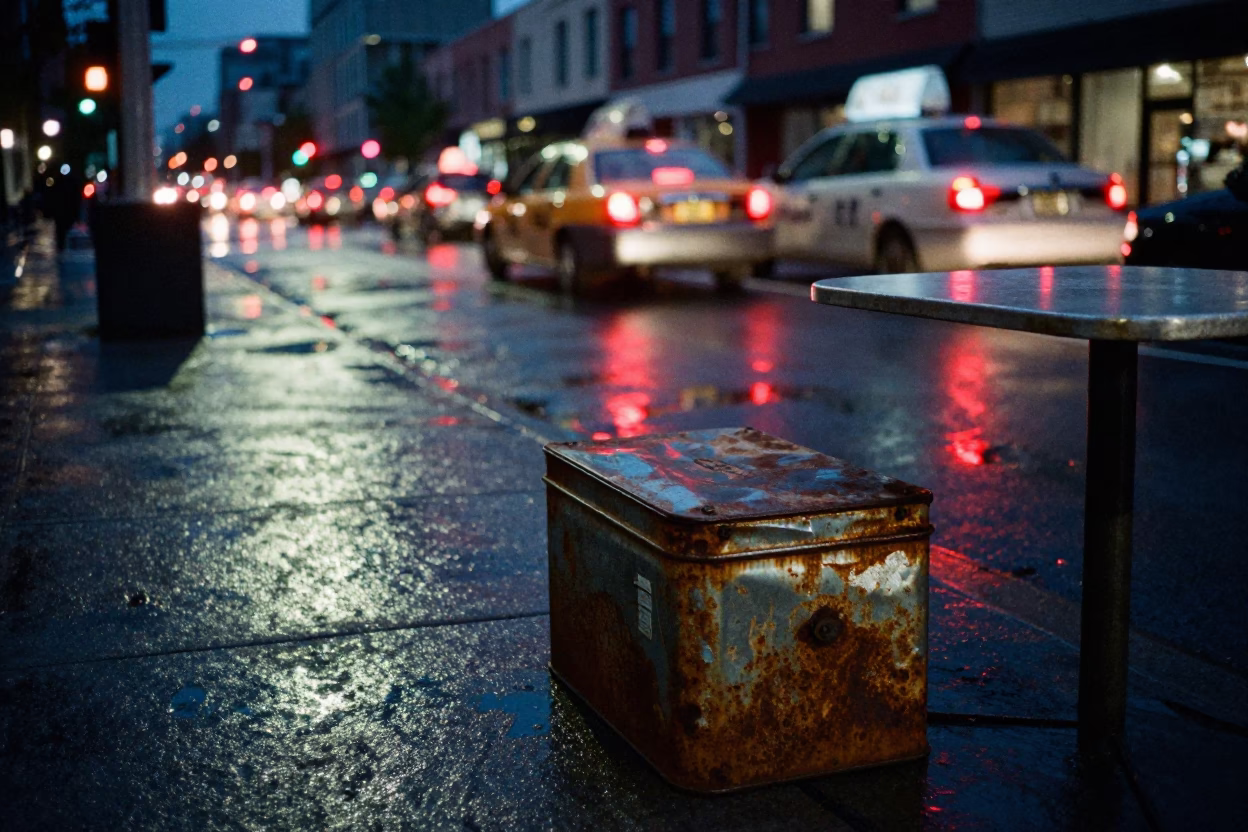 Midnight Toronto Street Scene with Tin Box and Table Fan in Urban Setting in in Toronto, Ontario, Canada