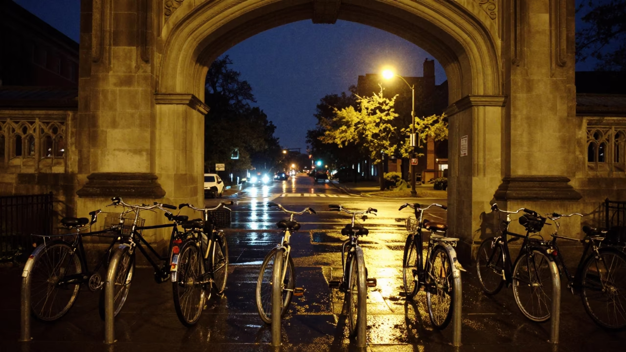 Midnight Toronto Street Scene with University Archway Wet Bicycle Rack and Vintage 1980s Aesthetic in in Toronto, Ontario, Canada