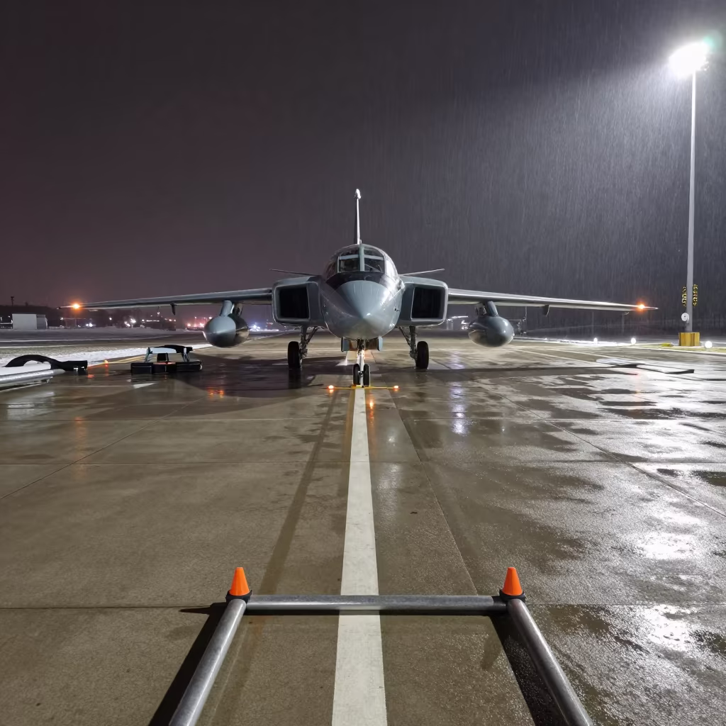 Midnight Tow Hookup on Dushanbe Flight Line in along an airbase flight line near Dushanbe