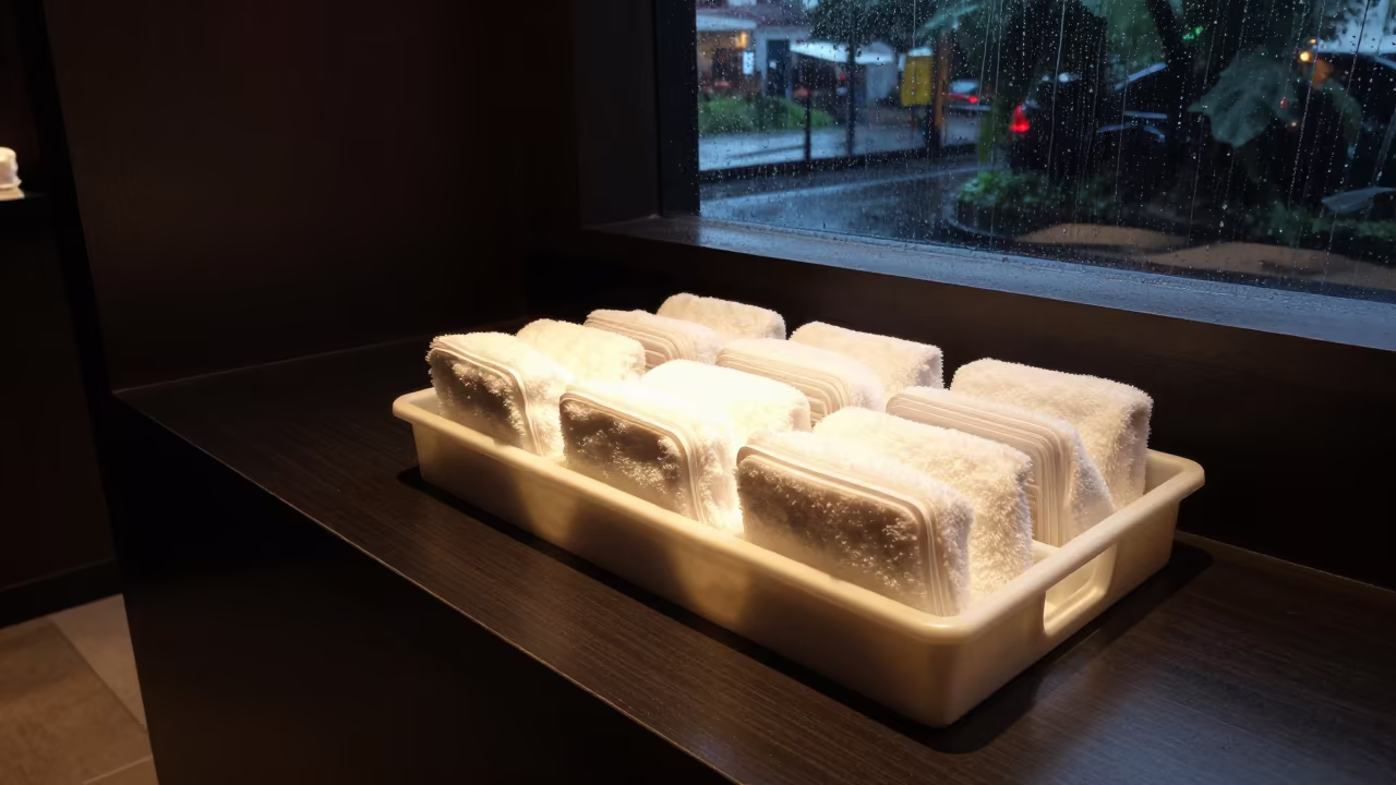 Midnight Towel Card Tray in Jakarta Reception in at a reception desk under warm light near Senopati, Jakarta