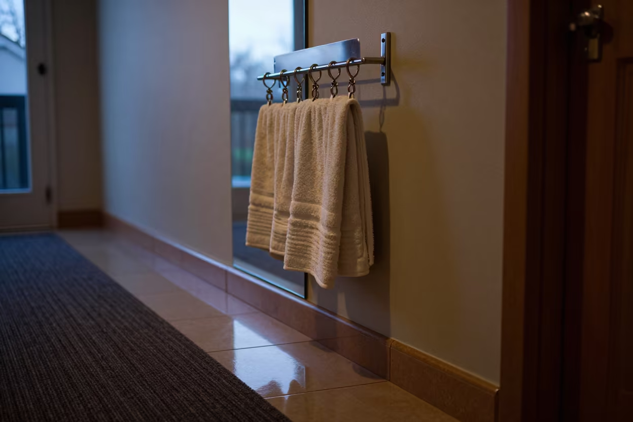Midnight Towel Rack in Kingston Corridor in in a quiet guest corridor in Kingston