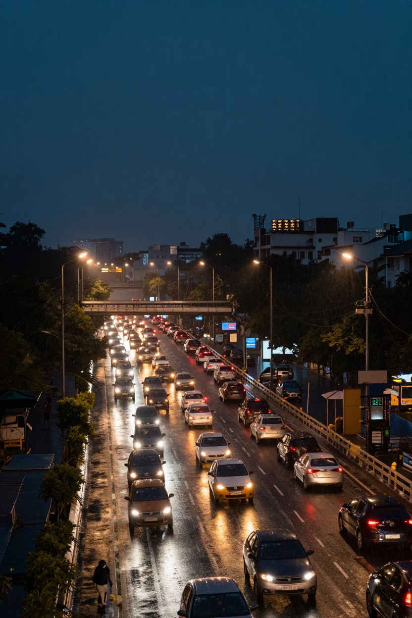 Midnight Traffic and Rain on Hyderabad Overpass Interchange Glowing Taillights in in Hyderabad, India