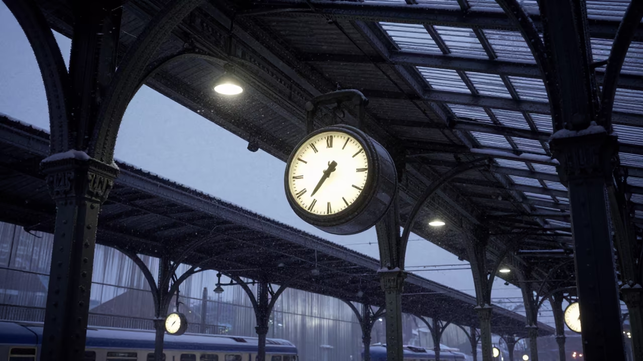 Midnight Train Station Clock Under Iron Roof in near Abu Kabir