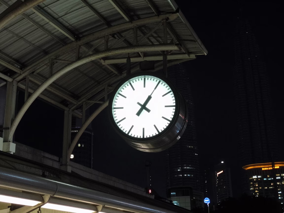 Midnight Train Station Clock Under Vaulted Iron Roof in Kuala Lumpur Malaysia in in Kuala Lumpur, Malaysia