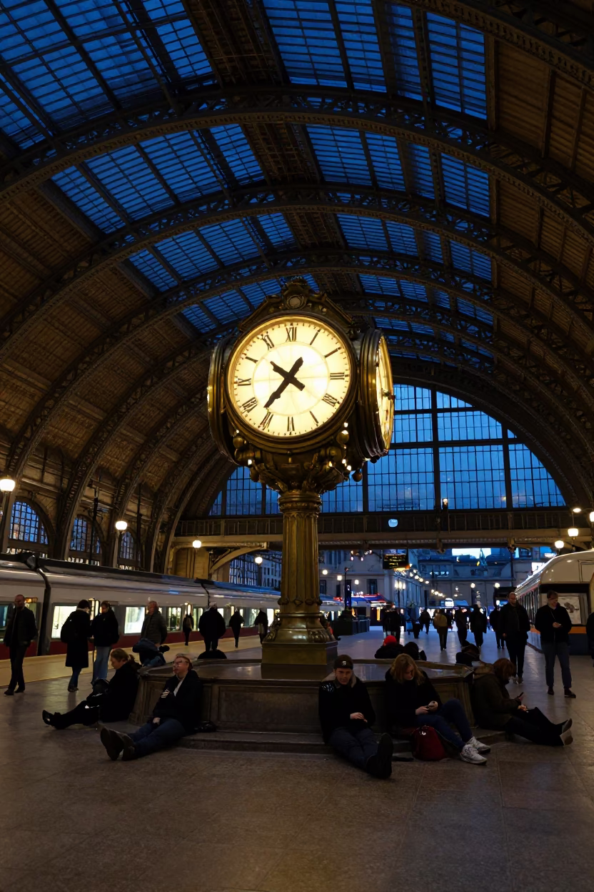 Midnight Train Station Clock Under Vaulted Iron Roof in Paris France with Blankets in in Paris, France